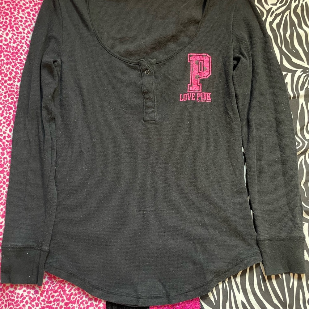 Black Long Sleeve Henley with Pink Logo